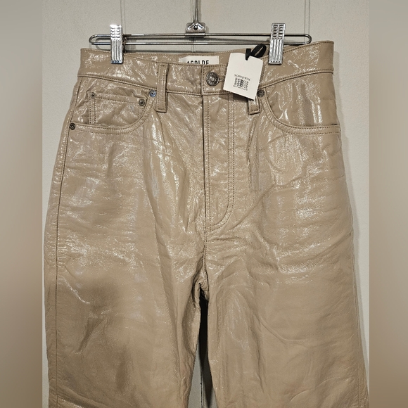 Agolde Pinch Waist Quail Patent Tan Recycled Leather Pants Sz 26 SCUFF 27x29 NEW - Picture 2 of 9
